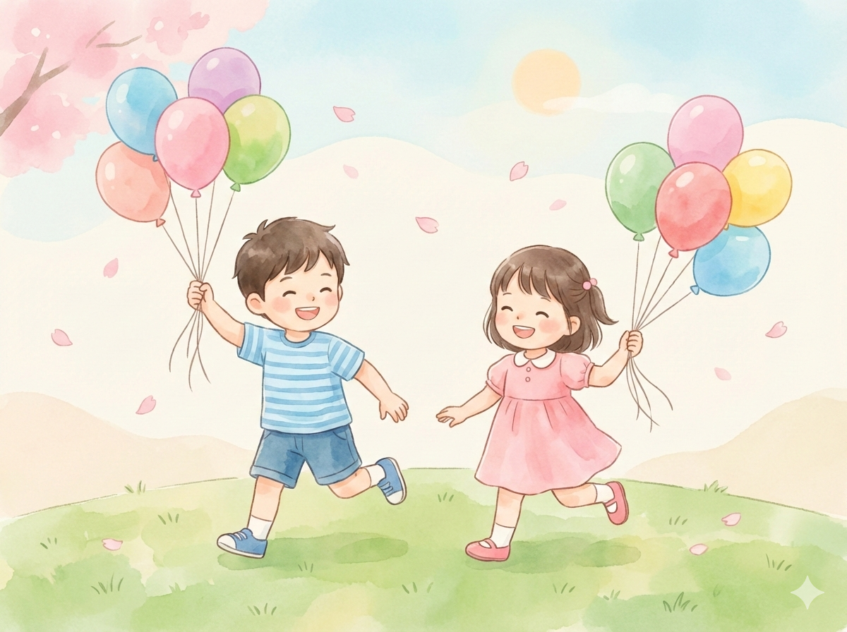 風船を持って楽しそうに走る子どもたちのイラスト